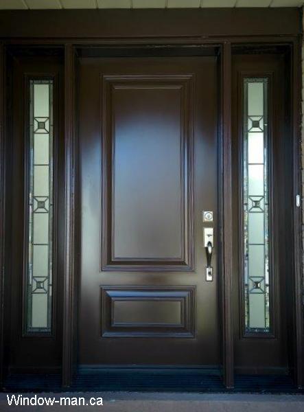 Modern front door ideas. Entry steel insulated. Two Executive panels. Brown. Two sidelights. Waterdown stained glass design. 2 panels